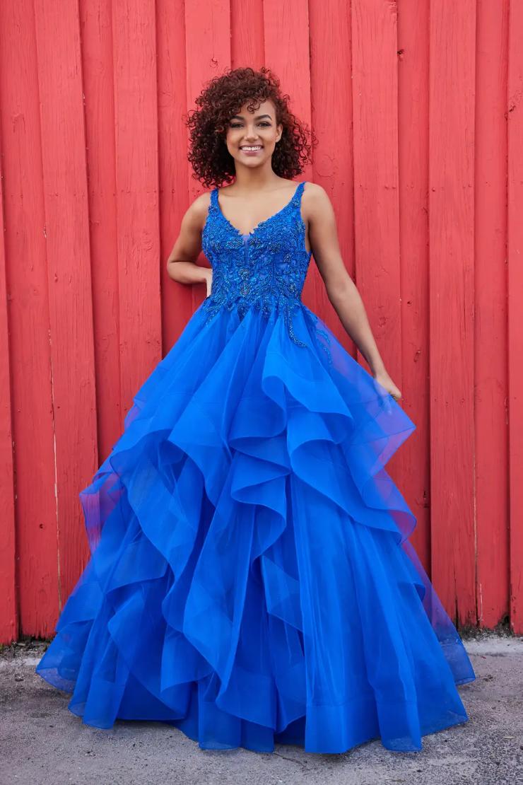 EW35119 BALL GOWN WITH CASCADE RUFFLE SKIRT AND PLUNGING V-NECKLINE #$0 default Royal Blue picture