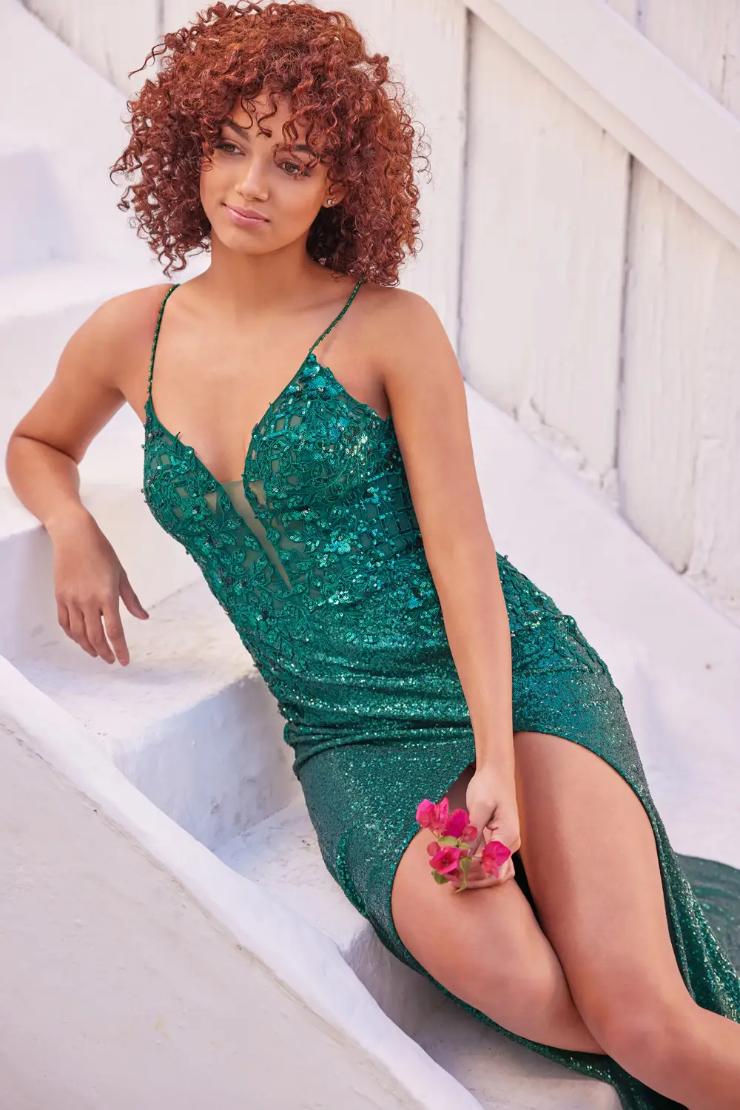 EW35120 SLEEVELESS FIT AND FLARE WITH ALLOVER SEQUIN, BEADED SPAGHETTI STRAPS AND FRONT SLIT #$0 default Emerald picture