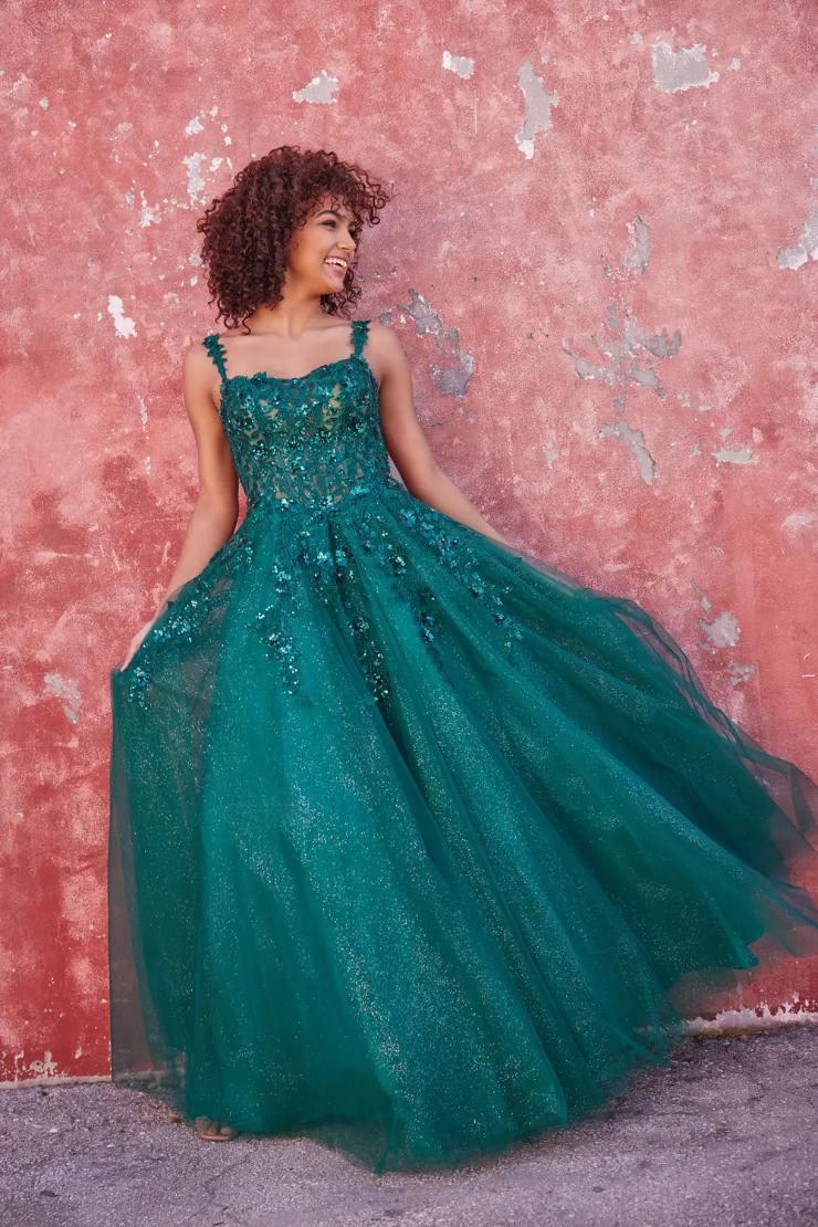 EW35123 SCOOP NECK A-LINE PROM DRESS WITH A DROPPED WAIST #$0 default Emerald picture