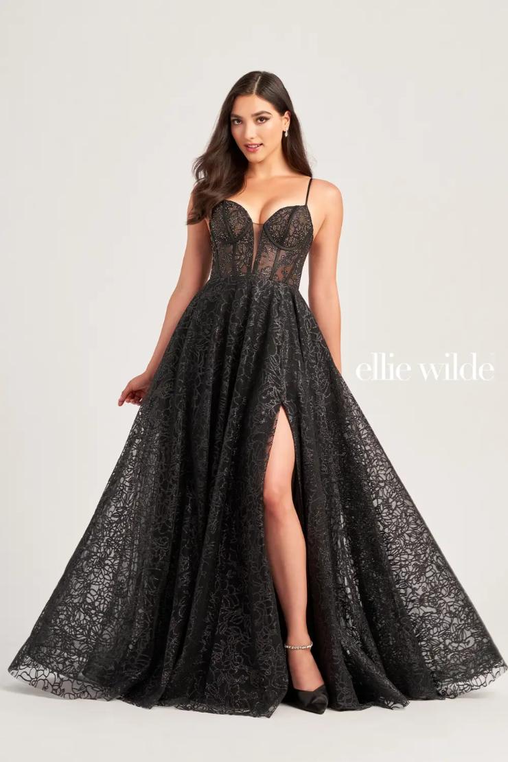 EW35216 plunging v-neck prom dress with pockets and a sheer corset bodice #$0 default Black picture