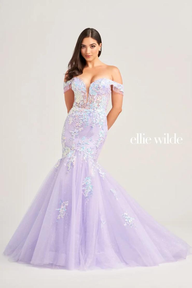 EW35219 LACE-UP BACK, OFF SHOULDER BEADED FRINGE STRAP, SEPARATE SPAGHETTI STRAPS, SHEER CORSET BODICE #$0 default Lilac picture
