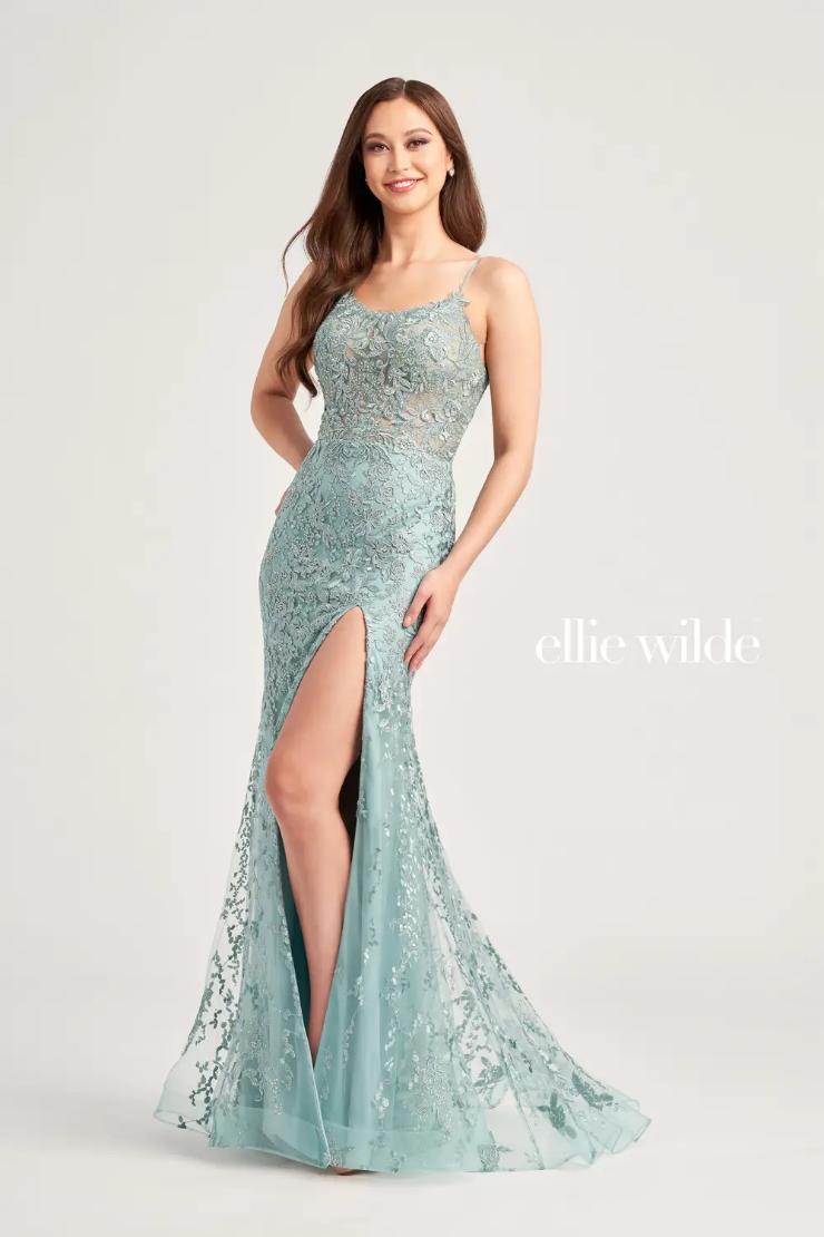 EW35223 LACE FIT AND FLARE WITH CORSET BODICE, HIGH SLIT AND LACE UP BACK #$0 default Sage picture