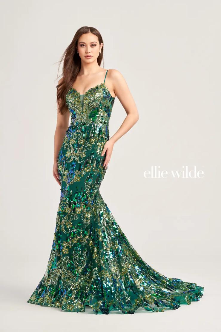 EW35228 SEQUIN MERMAID DRESS WITH LACE UP BACK #$0 default Emerald/Gold picture